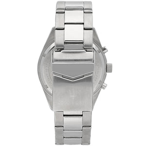 Silver-tone deployment clasp on Maserati Competizione R8853100023 men's quartz battery metal bracelet watch