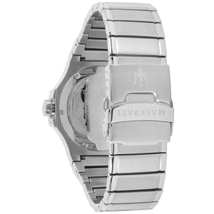 Silver-tone deployment clasp on Maserati Potenza Corse R8853108002 men's quartz battery silver metal bracelet watch