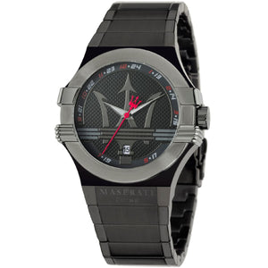 Maserati Potenza R8853108003 men's watch featuring all-black stainless steel design with large Trident logo on dial