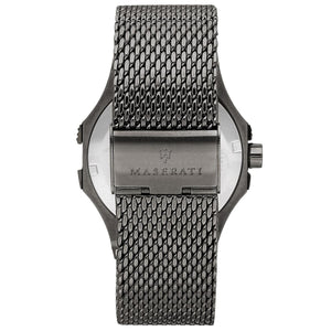 Caseback of Maserati Potenza R8853108005 men's quartz battery watch showing technical specs 100m water resistance and mesh strap