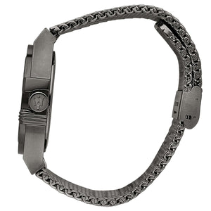 Detailed view of grey-tone crown on Maserati Potenza R8853108005 men's quartz battery watch with blue dial