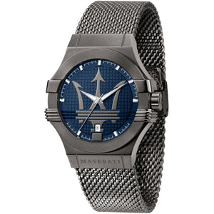 Maserati Potenza R8853108005 men's quartz battery watch with blue dial, grey matte case, grey stainless steel mesh strap main view
