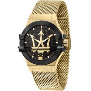 Maserati Potenza R8853108006 men's quartz battery watch with black dial, gold matte case, gold stainless steel mesh strap main view