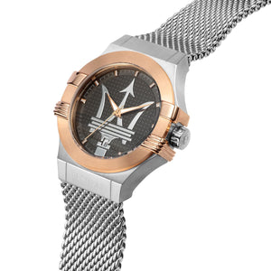 Right angled view of Maserati Potenza R8853108007 men's quartz battery watch highlighting silver finish and rose gold bezel details
