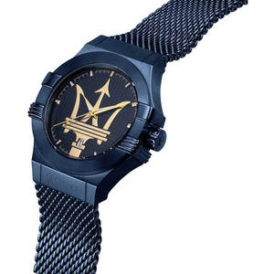Right angled view of Maserati Potenza R8853108008 men's quartz battery watch highlighting blue finish and gold Trident details