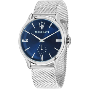 Maserati Epoca R8853118006 men's quartz battery watch with blue sunray dial, small seconds sub-dial, silver-tone case, silver mesh strap main view