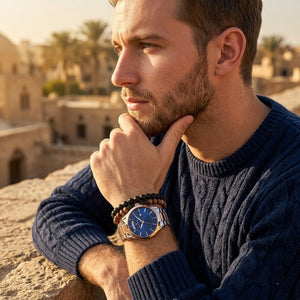 Elegant man wearing Maserati Tradizione R8853125001 men's quartz battery watch with two-tone case and luxury blue dial