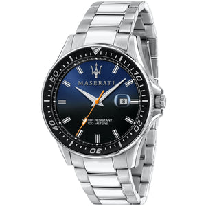 Maserati Sfida R8853140001 men's quartz battery watch with blue and black gradient dial, silver-tone case, black diver bezel, silver stainless steel bracelet main view