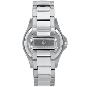 Caseback of Maserati Sfida R8853140001 men's quartz battery watch showing technical specs 100m water resistance and metal bracelet