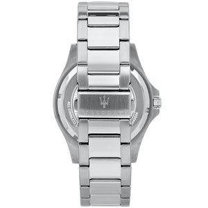 Silver-tone deployment clasp on Maserati Sfida R8853140002 men's quartz battery metal bracelet watch