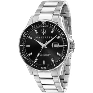 Maserati Sfida R8853140002 men's quartz battery watch with black sunray dial, black rotating bezel, silver-tone case, silver stainless steel bracelet main view