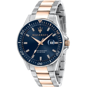 Maserati Sfida R8853140003 men's quartz battery watch with blue sunray dial, diver-style bezel, silver and rose gold-tone case, two-tone stainless steel bracelet main view