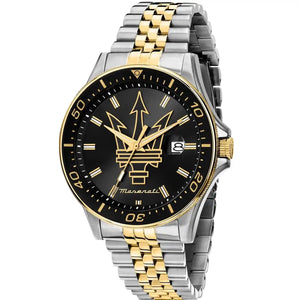 Maserati Sfida R8853140009 men's watch with two-tone silver and gold jubilee bracelet and black dial with large gold trident