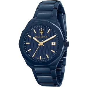 Maserati Stile Blue Edition R8853141001 men's quartz battery watch with blue waffle-textured dial, gold-tone accents, all-blue PVD case and integrated stainless steel bracelet main view