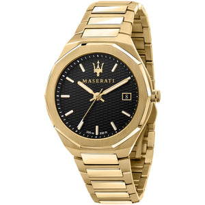 Maserati Stile R8853142004 men's quartz battery watch with black waffle-textured dial, octagonal bezel, full gold-tone case and integrated stainless steel bracelet main view