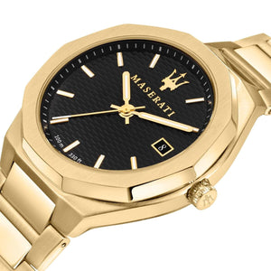 Gold Maserati watch with black dial on a white background