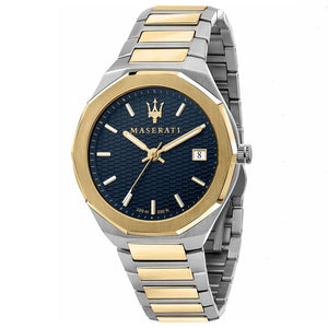 Maserati Stile R8853142008 men's quartz battery watch with blue waffle-textured dial, octagonal gold bezel, two-tone silver and gold case and integrated stainless steel bracelet main view