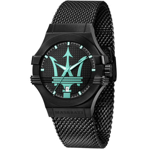Maserati Potenza R8853144002 men's quartz battery watch with black waffle dial, Tiffany Blue Trident logo, black-tone case, black mesh strap main view