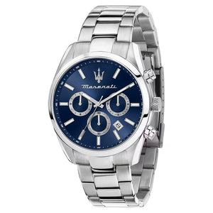 Maserati Attrazione R8853151005 men's quartz battery watch with navy blue sunray dial, silver-tone case, silver stainless steel bracelet main view