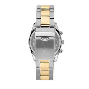 Caseback of Maserati Attrazione R8853151008 men's quartz battery watch showing technical specs 50m water resistance and metal bracelet