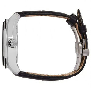 Watch with black leather strap and silver case on a white background