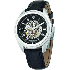 Front view of Maserati Traguardo R8871612001 men's automatic watch with black skeleton dial and black leather strap.