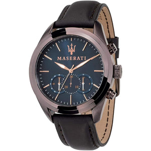 Maserati Traguardo R8871612008 men's quartz battery watch with blue sunray dial, bronze-tone case, brown leather strap main view