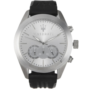 Maserati Traguardo R8871612012 men's watch with silver case, silver dial, and black rubber strap with logo