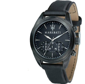 Left angled view of Maserati Traguardo R8871612019 men's quartz battery watch showing black leather strap and black-tone case profile