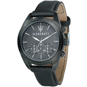 Right angled view of Maserati Traguardo R8871612019 men's quartz battery watch highlighting black finish and silver-tone details