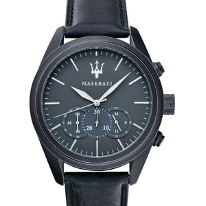 Maserati Traguardo R8871612019 men's quartz battery watch with black dial, black-tone case, black leather strap main view