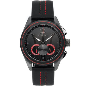 Maserati Traguardo R8871612023 men's watch featuring a black PVD case, red sub-dial accents, and a black genuine leather strap with red stitching
