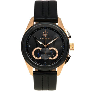 Maserati Traguardo R8871612025 men's watch featuring a black PVD case, rose gold accents, and a black genuine leather strap
