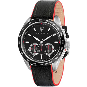 Maserati Traguardo R8871612028 men's watch with silver case and black leather strap with red edges