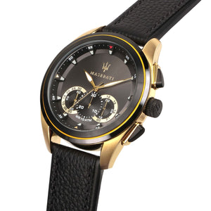 Right angled view of Maserati Traguardo R8871612033 men's quartz battery watch highlighting gold finish and gold-tone details