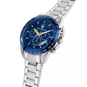 Left angled view of Maserati Traguardo R8871612039 men's quartz battery watch showing silver stainless steel bracelet and case profile