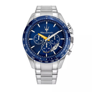 Maserati Traguardo R8871612039 men's quartz battery watch with blue dial, silver-tone case, blue bezel, silver stainless steel bracelet main view