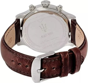 Silver-tone buckle clasp on Maserati Epoca R8871618001 men's quartz battery brown leather strap watch