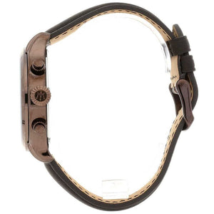 Detailed view of bronze-tone crown and pushers on Maserati Epoca R8871618006 men's quartz battery watch with brown dial