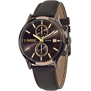 Maserati Epoca R8871618006 men's quartz battery watch with brown sunray dial, bronze-tone case, brown leather strap main view