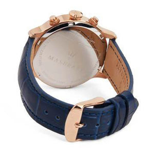 Rose gold-tone buckle clasp on Maserati Epoca R8871618007 men's quartz battery blue leather strap watch