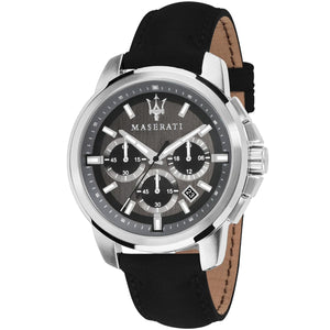 Maserati Successo R8871621006 men's quartz battery watch with gray sunray dial, silver-tone case, black leather strap main view