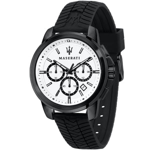Maserati Successo R8871621010 men's quartz battery watch with white dial, black sub-dials, black-tone case, black tire-tread rubber strap main view