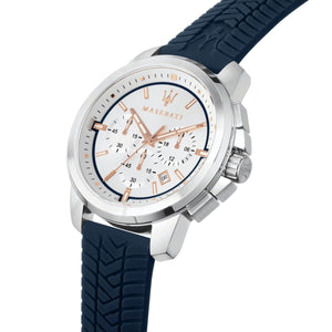 Right angled view of Maserati Successo R8871621013 men's quartz battery watch highlighting silver finish and rose gold-tone details