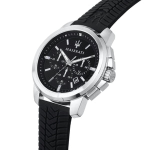 Right angled view of Maserati Successo R8871621014 men's quartz battery watch highlighting silver finish and chronograph details