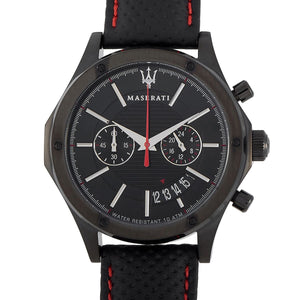 Maserati watch with black dial and red accents on a white background