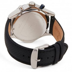 Caseback of Maserati Circuito R8871627005 men's quartz battery watch showing technical specs 100m water resistance and leather strap