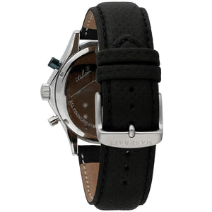Silver-tone buckle clasp on Maserati Circuito R8871627005 men's quartz battery black leather strap watch