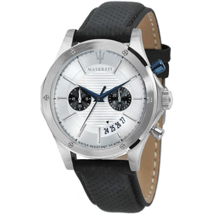 Maserati Circuito R8871627005 men's quartz battery watch with silver racing dial, silver-tone case, perforated black leather strap main view
