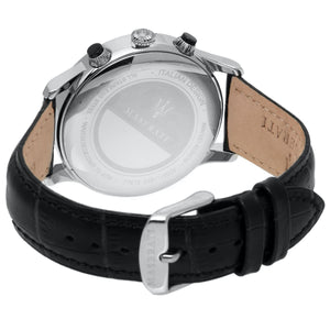 Caseback of Maserati Ricordo R8871633001 men's quartz battery watch showing technical specs 50m water resistance and leather strap